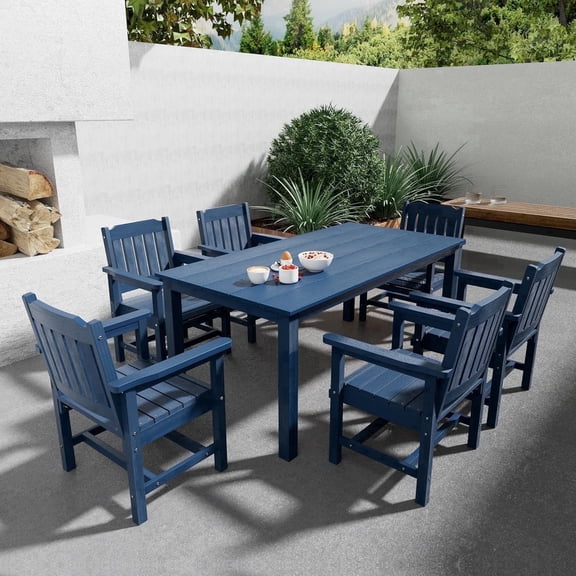 Innovaze Poly Lumber Patio Dining Set for 6 Person, HIPS Outdoor Dining Chairs and 70.9-Inches Dining Table with Umbrella Hole, All Weather Resistant (Navy Blue, 7 Piece)