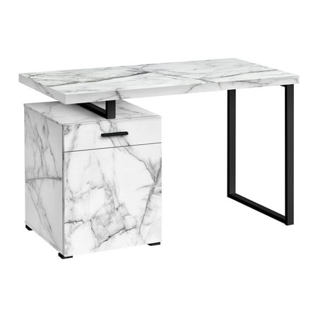 48 Inch White Marble Look Computer Desk with Modular Storage and Black Metal Frame