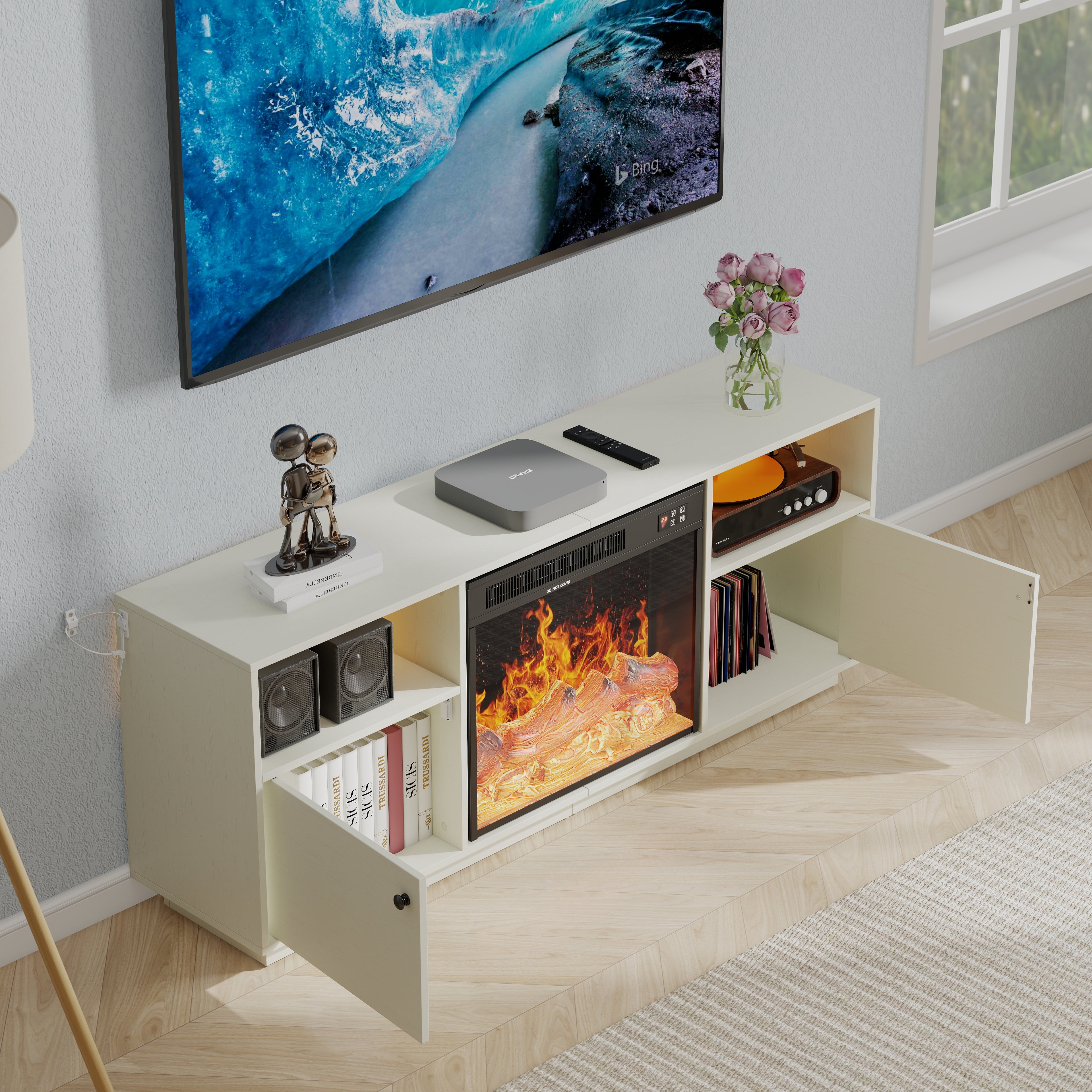 Manxile Fireplace TV Stand with 23'' Fireplace for TVs up to 75'', Two Drawers Storage, LED Light, White