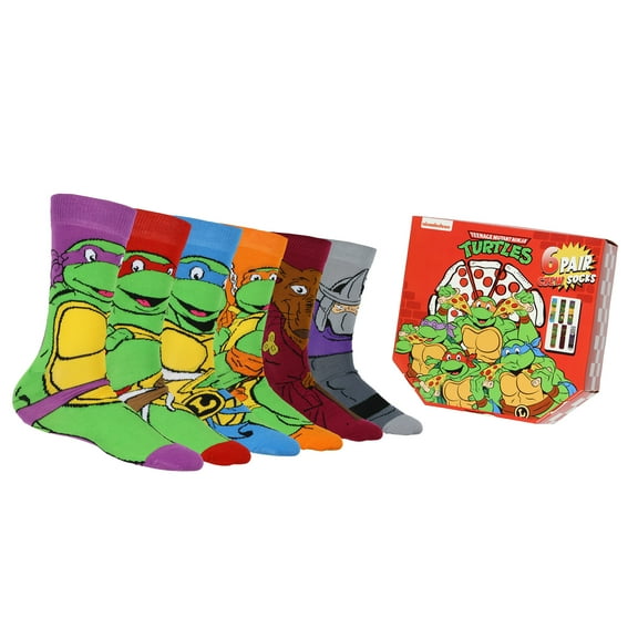 Teenage Mutant Ninja Turtles 6 Pair Character Crew Socks for Adults in TMNT Pizza Gift Box (Fits Shoe Size 6-12)