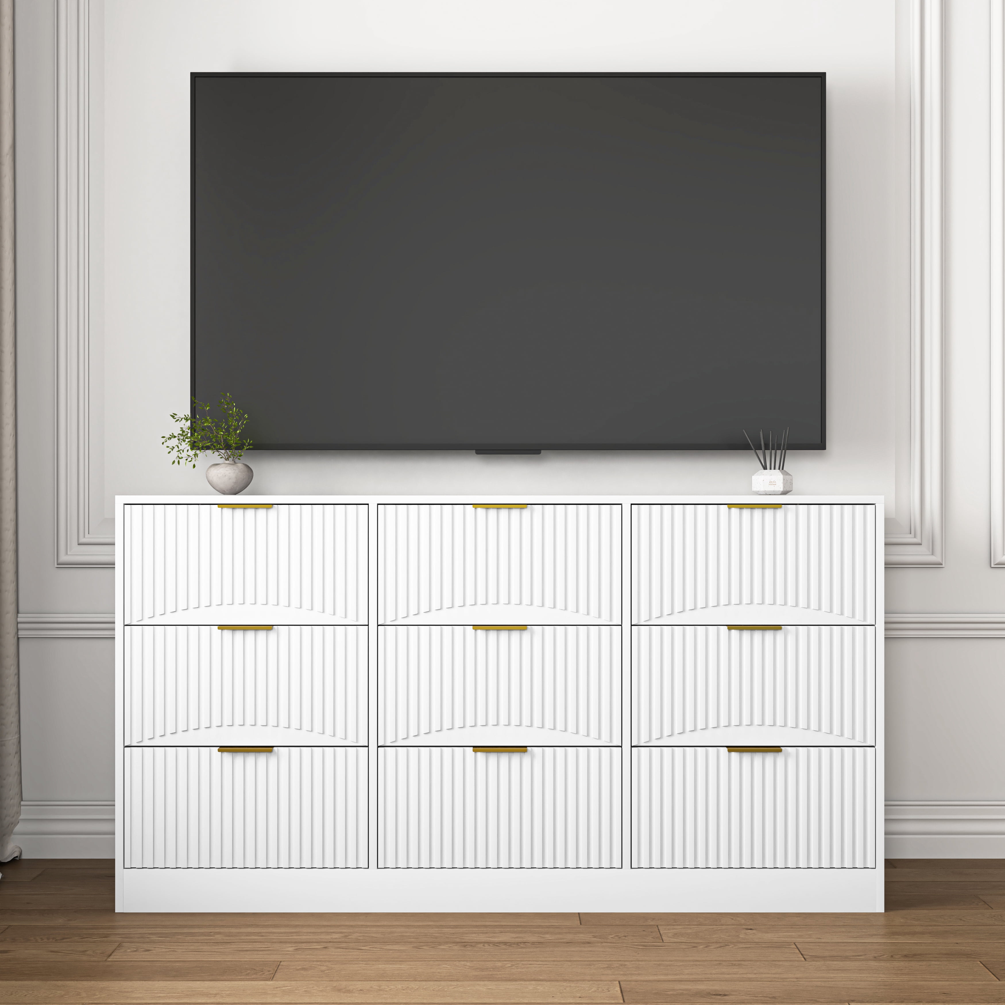 Mintazer 63" Wide Dresser with 9 Drawer, Modern Chest Cabinet with Wavy Fluted Panel & Gold Metal Handles for Bedroom Entryway, White