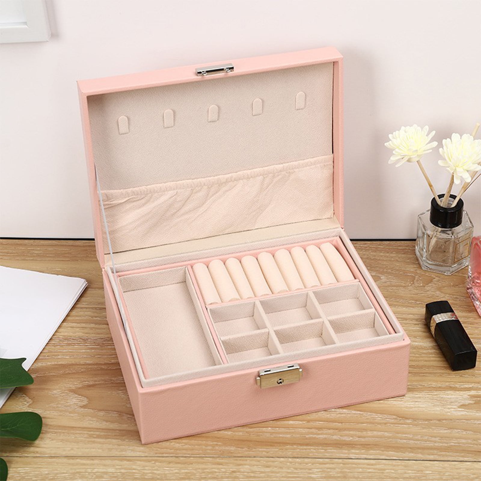 Jubipavy Leather Large Capacity Jewelry Box Earrings Necklace Jewelry Storage Box With Lock 2-Layers Display Jewelry Box