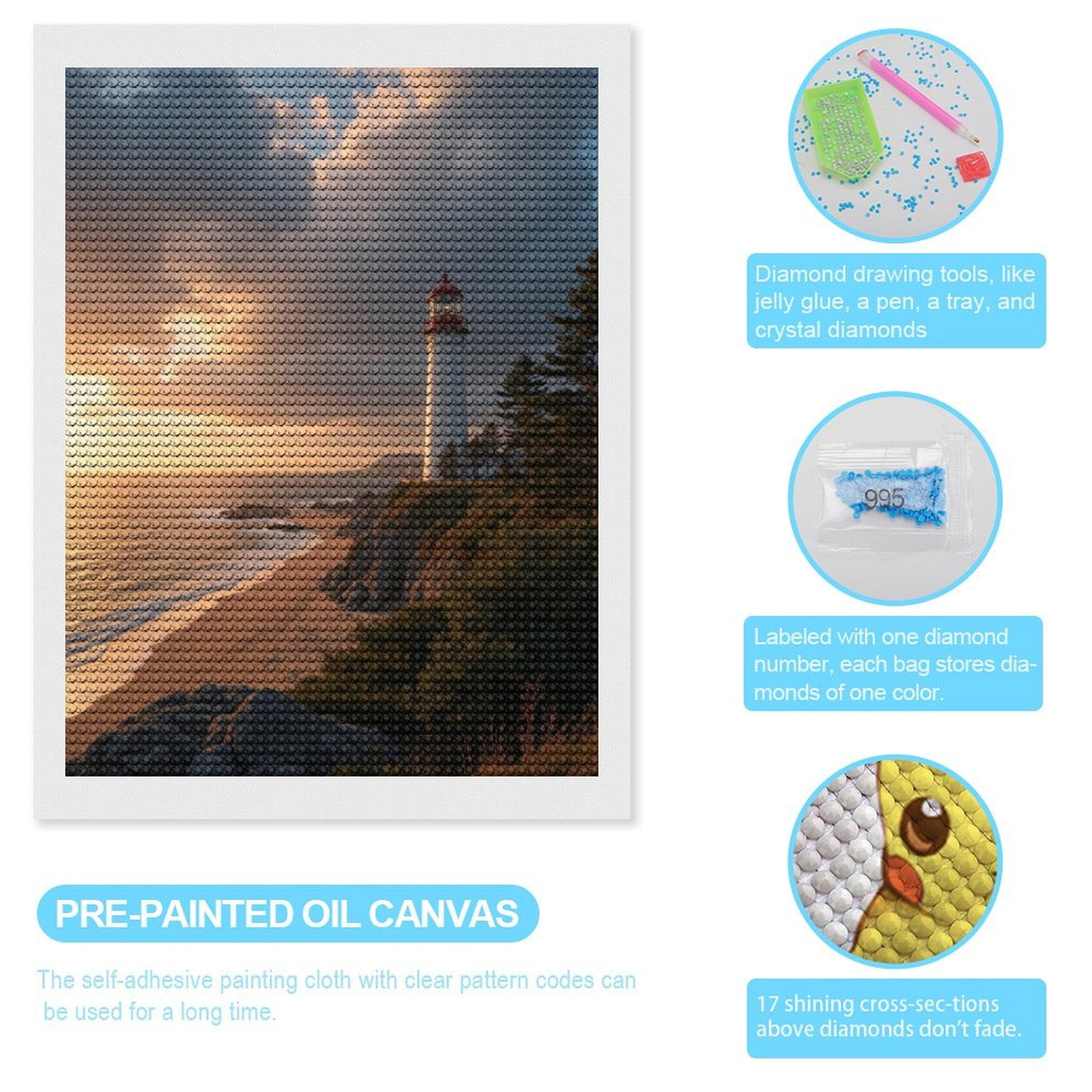 Diamond Art Kits for Adults, Coastal Lighthouse Sunset Scenery 5D Diamond Painting Kits for Adults Beginners, DIY Full Drill Diamond Painting, Gem Art and Crafts 12x16