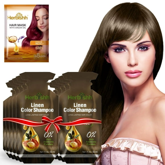 Herbishh Hair Color Shampoo 10 Sachet +1 Argan Hair Mask Pouch | 3 in 1 Hair Dye | PPD Free | Easy to Use | Gray Coverage | Travel Size | Available in 6 Colors (Linen)