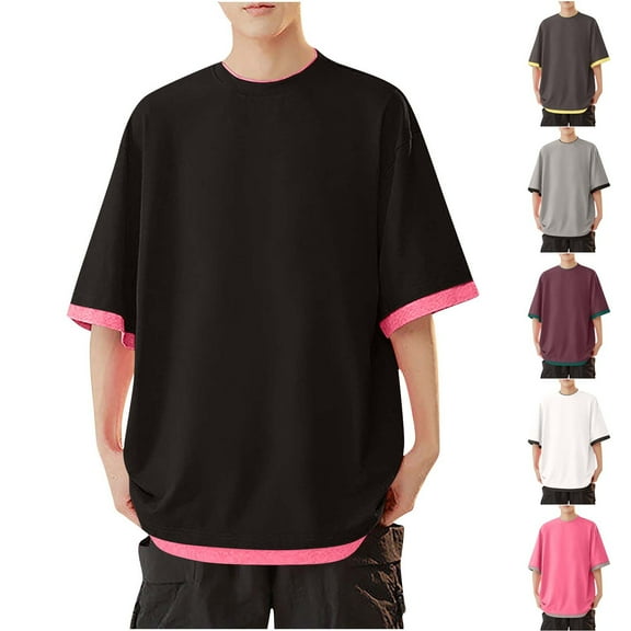 Xunlbb Men's Shirts Men'S Clothing Under $10 Men's Solid Color Casual Fake Two Piece Short Sleeved Round Neck Shirts, M-5XL