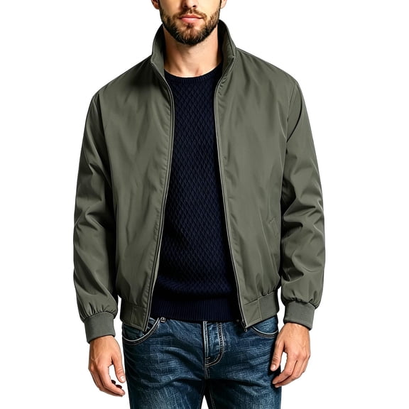 MaFYtyTPR Men's and Big Men Zipper Jackets Solid Lightweight Stand Collar Long Sleeve Windproof Outerwear With Side Pockets For Business Daily Wear A-Army Green L