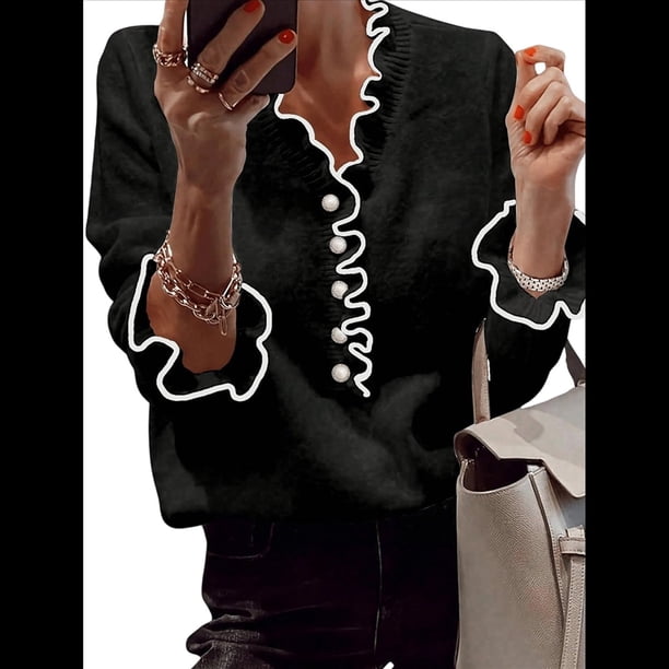 Suéter de Larga con Cuentas de Perlas para Mujer, Cuello en V, Ribete de Volantes, Jersey de Punto. Negro S