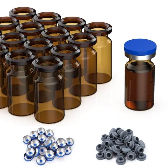 FOUR E's Scientific 500Pack 10ml Glass Vials, Amber Headspace Vials with Plastic-Aluminum Flip off Caps and Rubber Stoppers, 20mm Flat Bottom