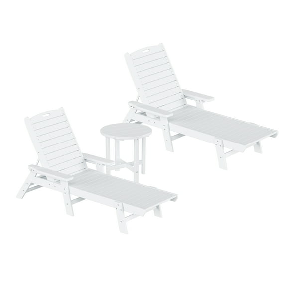 GARDEN 3-Piece Set Plastic Outdoor Chaise Lounges with Round Side Table Included, White