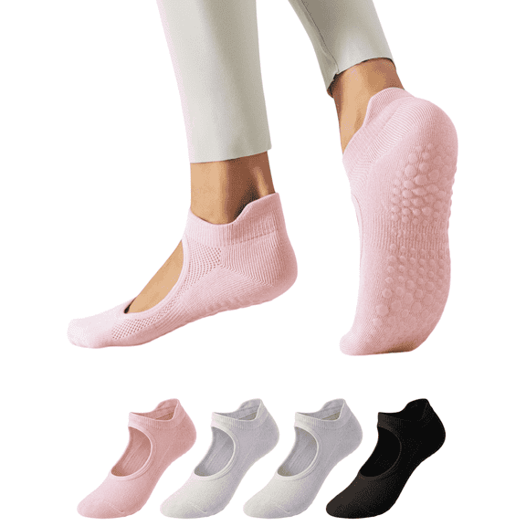 Yawlsow 4 Pairs Pilates Socks with Grips for Women, Non-Slip Yoga Socks for Barre, Ballet, Barefoot Workout