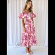 thumbnail image 5 of Vestido Midi Informal de Verano para Mujer, de Corta, Abullonado, con Cuello Cuadrado y Volantes Escalonados Flores de Color Rojo L, 5 of 7