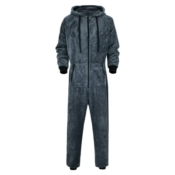 Men's Long Sleeved Flannel Jumpsuit Zipper Hood Pajamas, Pajamas