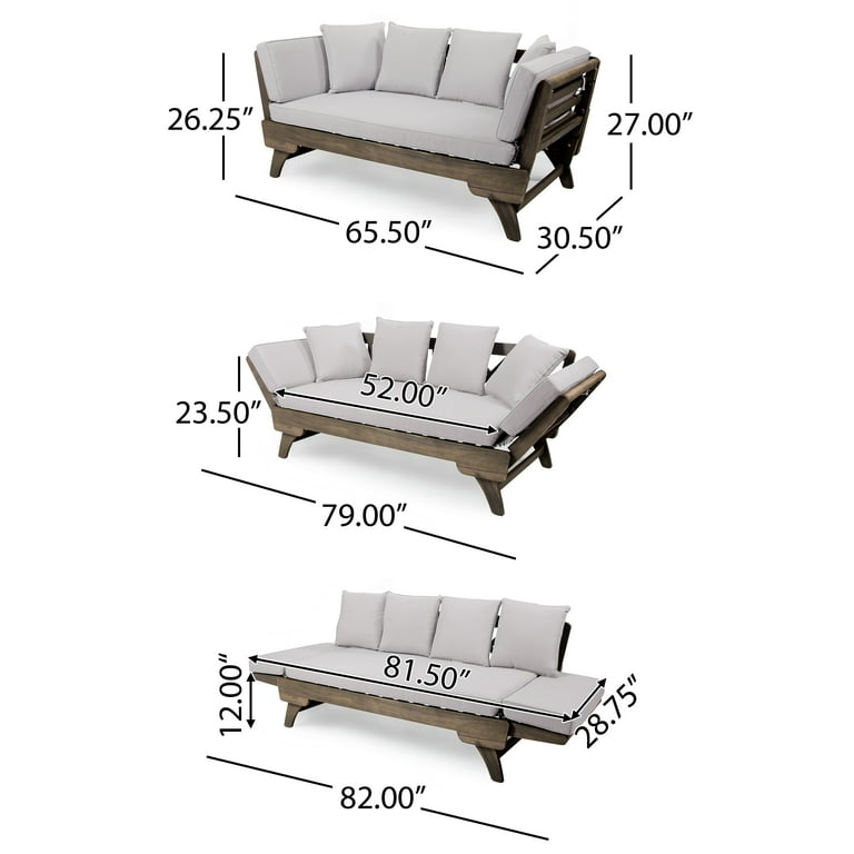 GDF Studio Othello Outdoor Grey Finished Acacia Wood Daybed with Water Resistant Cushions