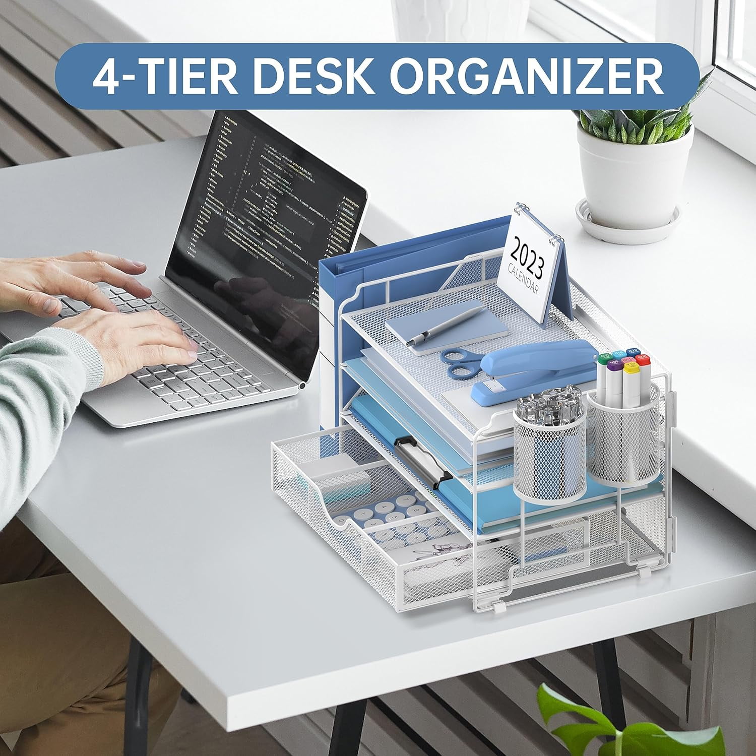 INTIGE 4-Tier Desk File Organizer with File Holder, Drawer, Pen Holders and Handle, White
