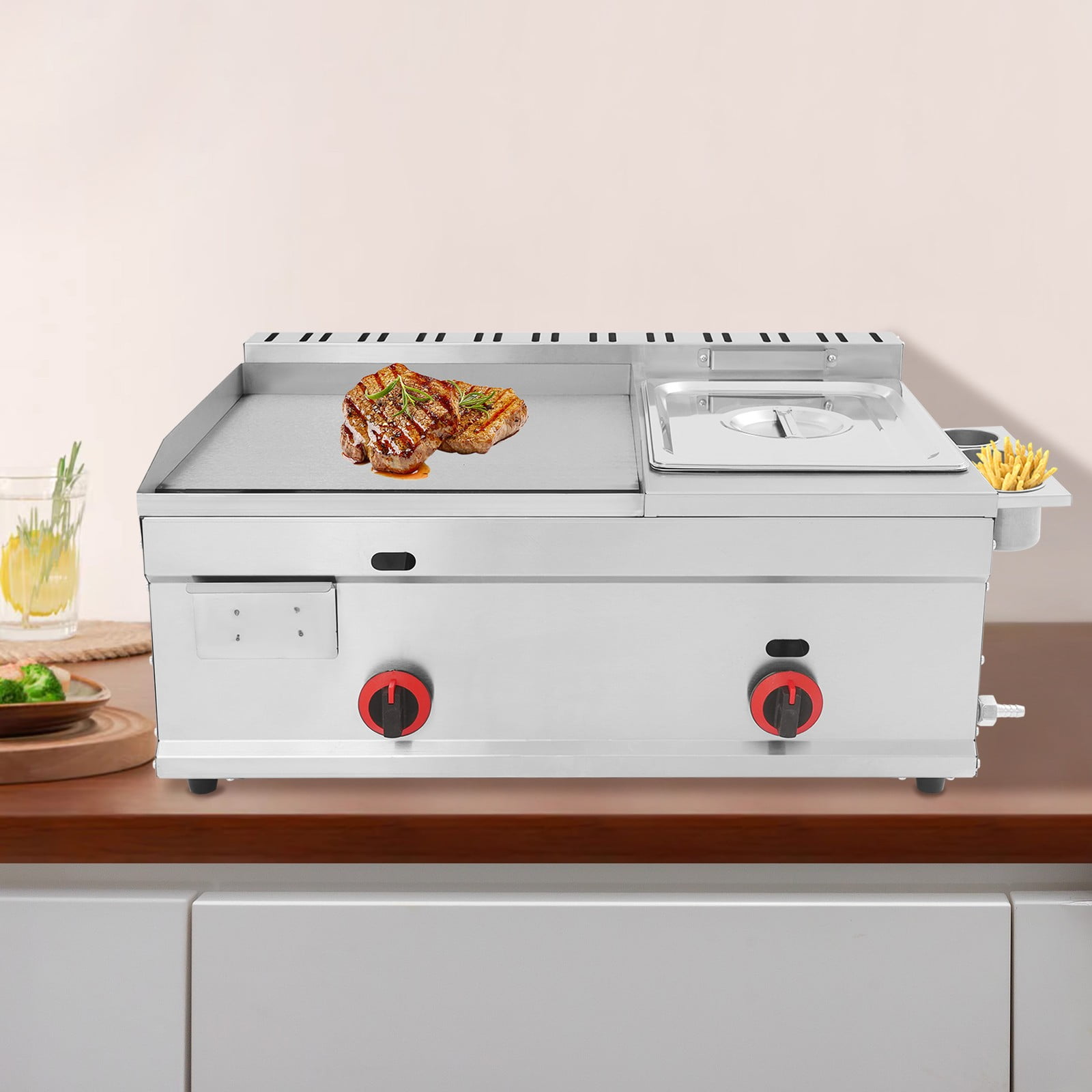 Commercial Gas Propane Flat Top Grill Griddle w/ Deep Fryer Multi-function Fryer Deep-frying Machine Large-capacity with Grill Griddle Gas Heating
