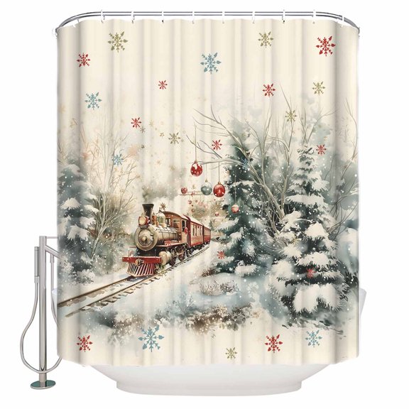 Fabric Shower Curtain, Christmas Train Holly Woods Scene Lights Snowflakes Colorful Bathroom Curtain with 12 Hooks Waterproof No Bad Odor Machine Washable Bath Curtains for Bathroom, 36"x72"