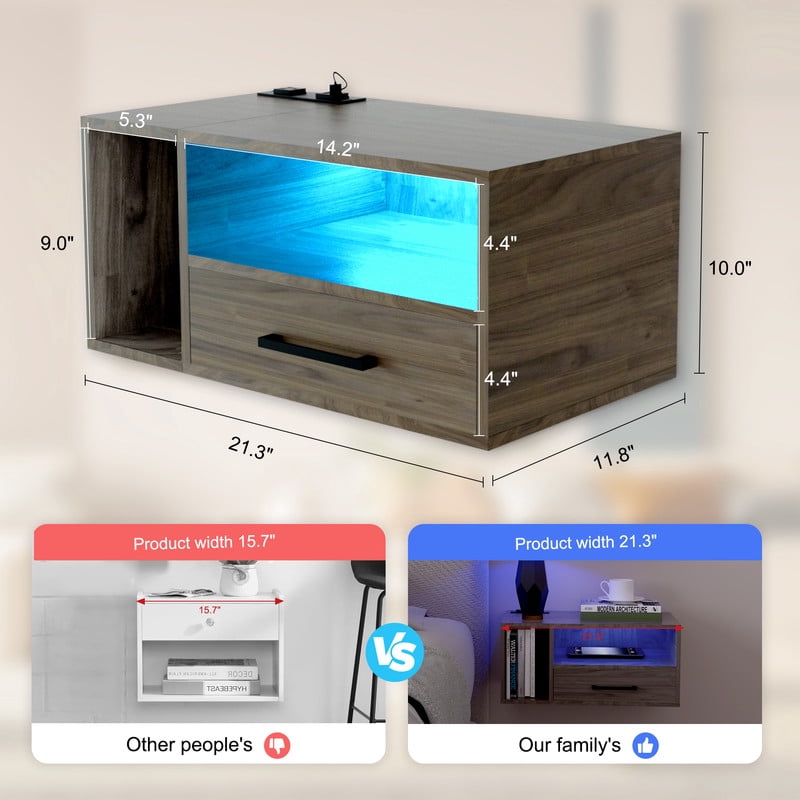 LED Nightstand with Remote Control 26.8” Modern Floating Nightstand with USB Port and Outlet for Bedroom, Light Brown