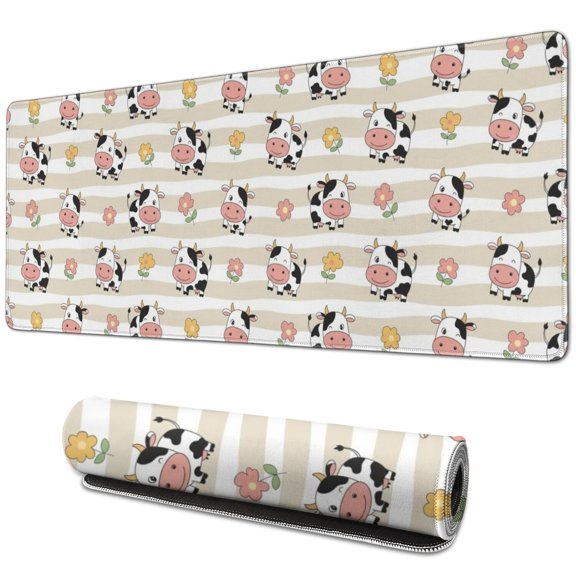 Long Mouse Pads for Desk,Beige Cow Flower Pattern Desk Mats on Top Of Desks, Desk Mouse Pad Extra Large with 3mm Non-Slip Base and Stitched Edge for Gaming,Office,Work,Home 31.5"x11.8"