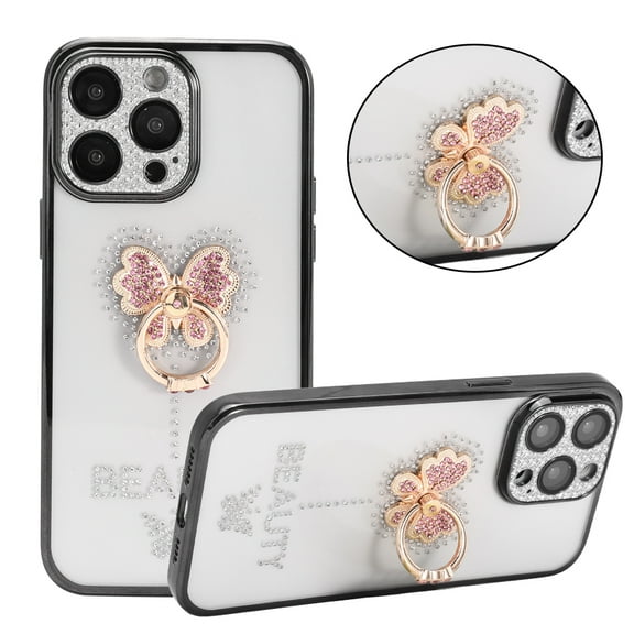 For Apple iPhone 14 Pro Max 6.7" Fashion Ring Stand with Bling Rhinestone Butterfly Glitter Sparkly Design Hybrid Case Cover fit iPhone 14 Pro Max - Black
