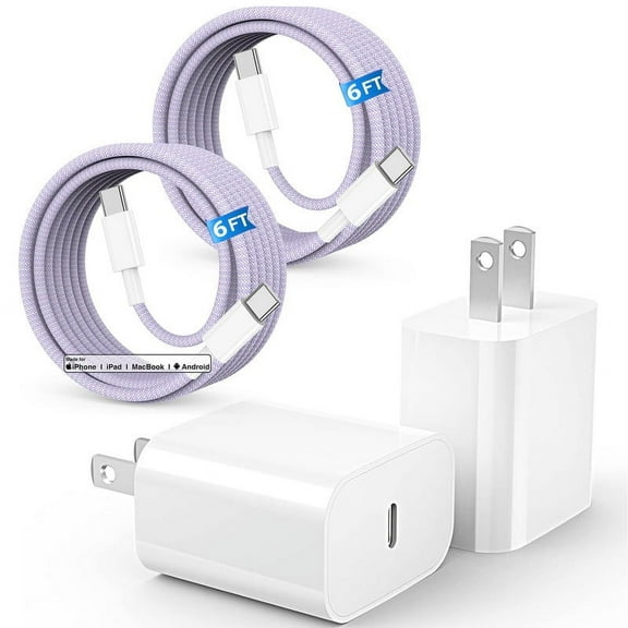 Afflux 2 Pack 20W USB-C PD Power Adapter Fast Wall Charger   2x USB-C to USB-C Braided OEM Cable 60W Charging Compatible with iPhone 15 Pro Max /15 Pro /15 Plus, Samsung Galaxy S24 S23 Ultra, Purple