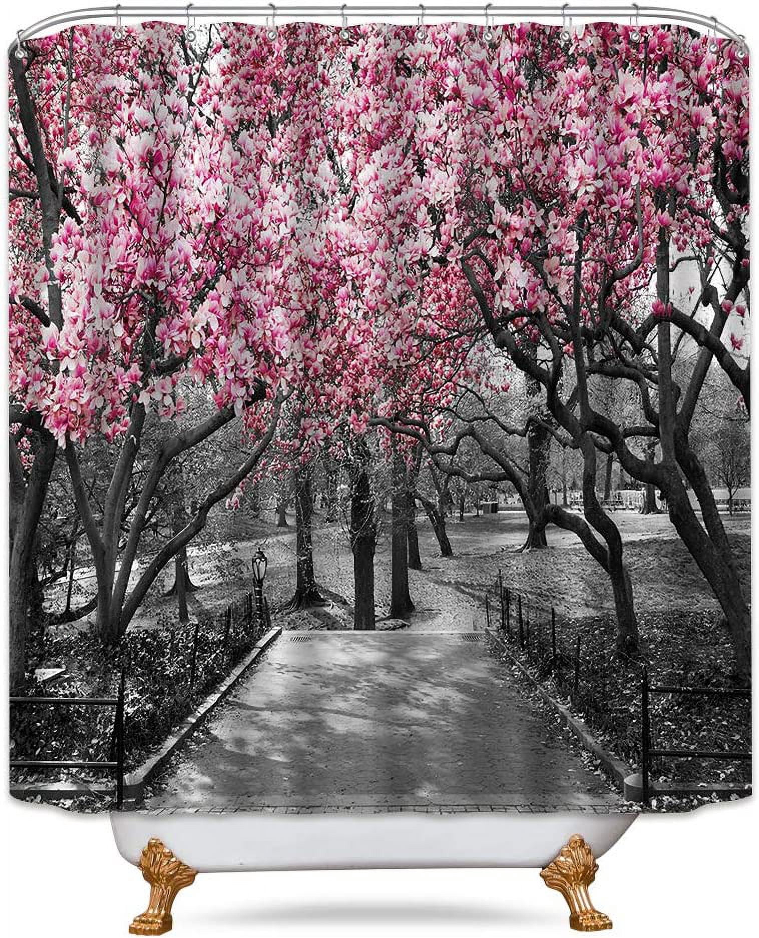 Blooming Pink and Gray Shower Curtain Flowers Cherry Blossoms Park Spring Floral Trees Road Landscape Scenic Fabric Waterproof Bathroom Decor Set 72x72 Inch 12 Shower Plastic Hooks