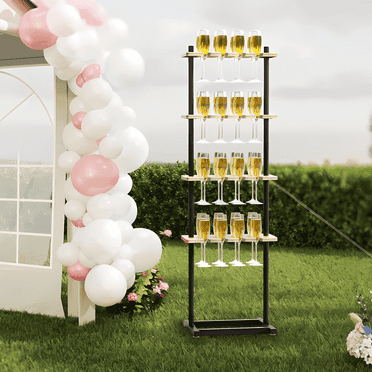 Qunbio 4 Tier Champagne Tower Stand, 32 Glasses Champagne Stand, Wine Glass Shelf for Wedding and Party, Black