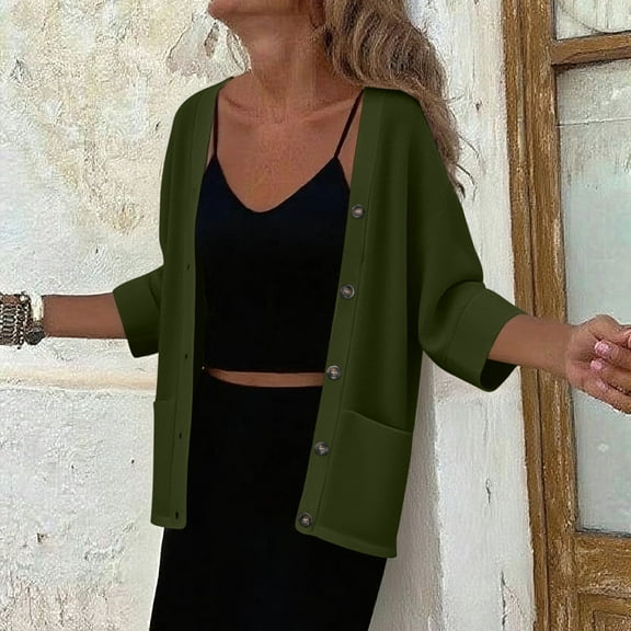 Fznquz Womens Sweaters and Cardigans Casual Plain Cardigan Green Button Down Lightweight Pockets Womens Clothes