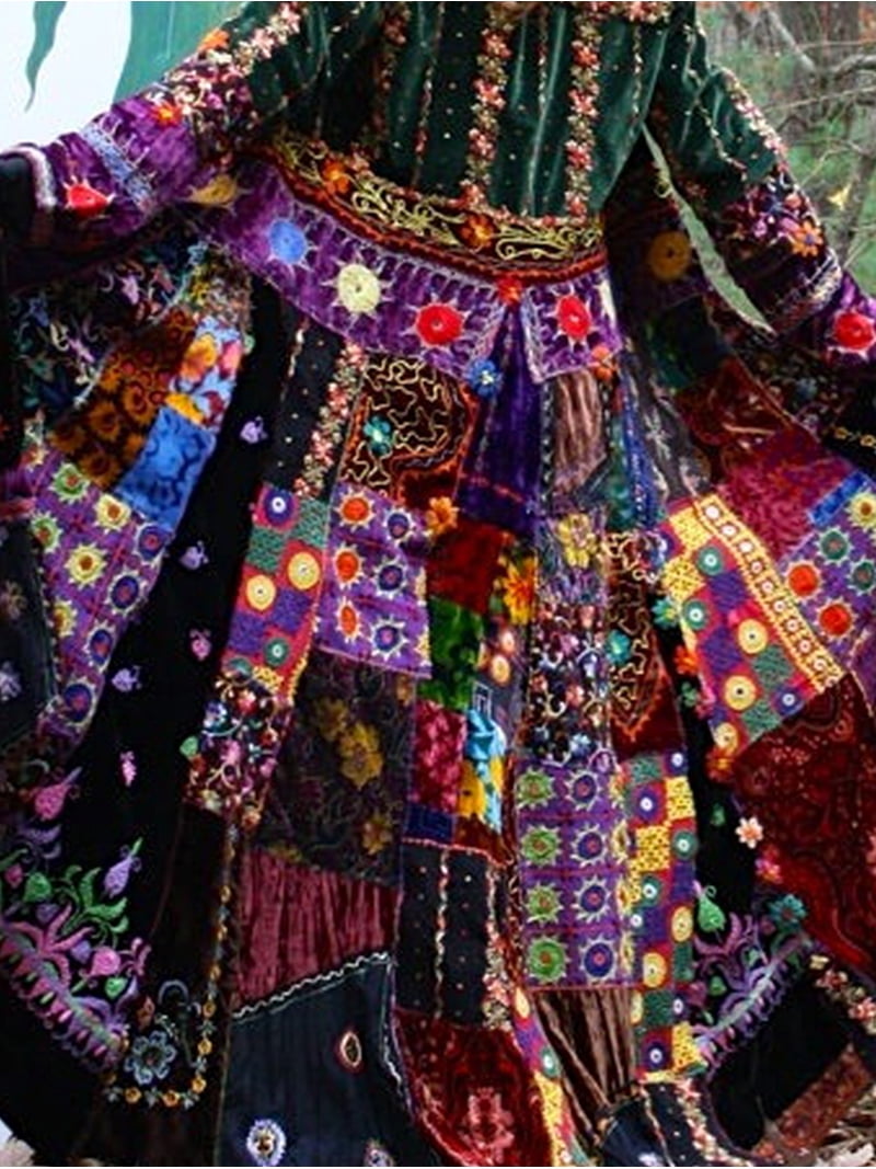 floral patchwork embroidered maxi dress Zanvylia Womens Boho Style Velvet Patchwork Maxi Dress Long Sleeve Floor Length Dress with Colorful Floral Embroidery, Women's, Size: Large