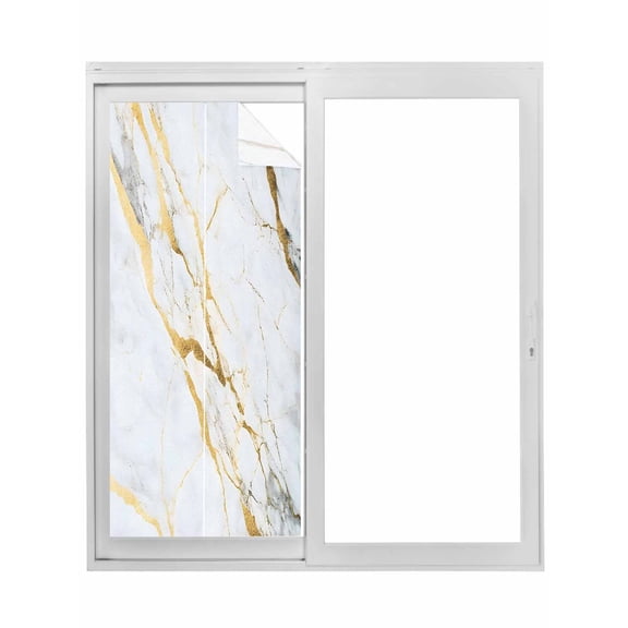 Marble White Gold Window Privacy Film, Modern Marbles Geometric Static Cling UV Sun Blocking Tint Film Heat Control Windows Films for Bedroom Bathroom, Window Stickers 17.7"x39.3"