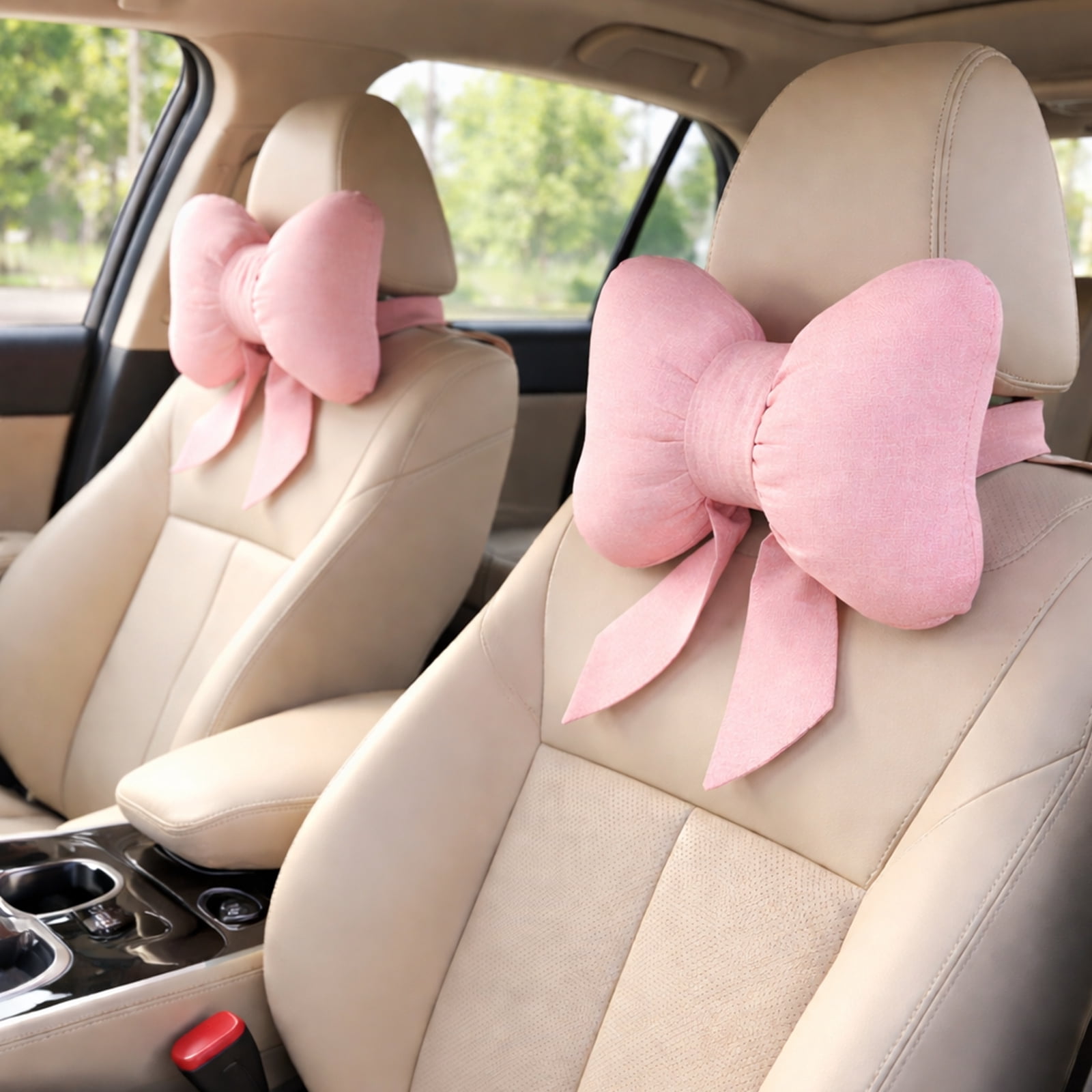 2 Pcs Pink Bow Car Accessories, Cute Car Decor Accessories with Linen Headrest Pillow, Provides Neck Support for Women, Breathable and Comfortable