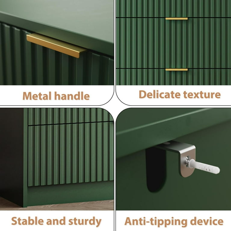 Furniway Green 7 Drawer Dresser, Fluted Wood Clothes Storage Organizer & Cabinet for Bedroom, Modern Chest with Gold Metal Handles, Wide Dresser for
