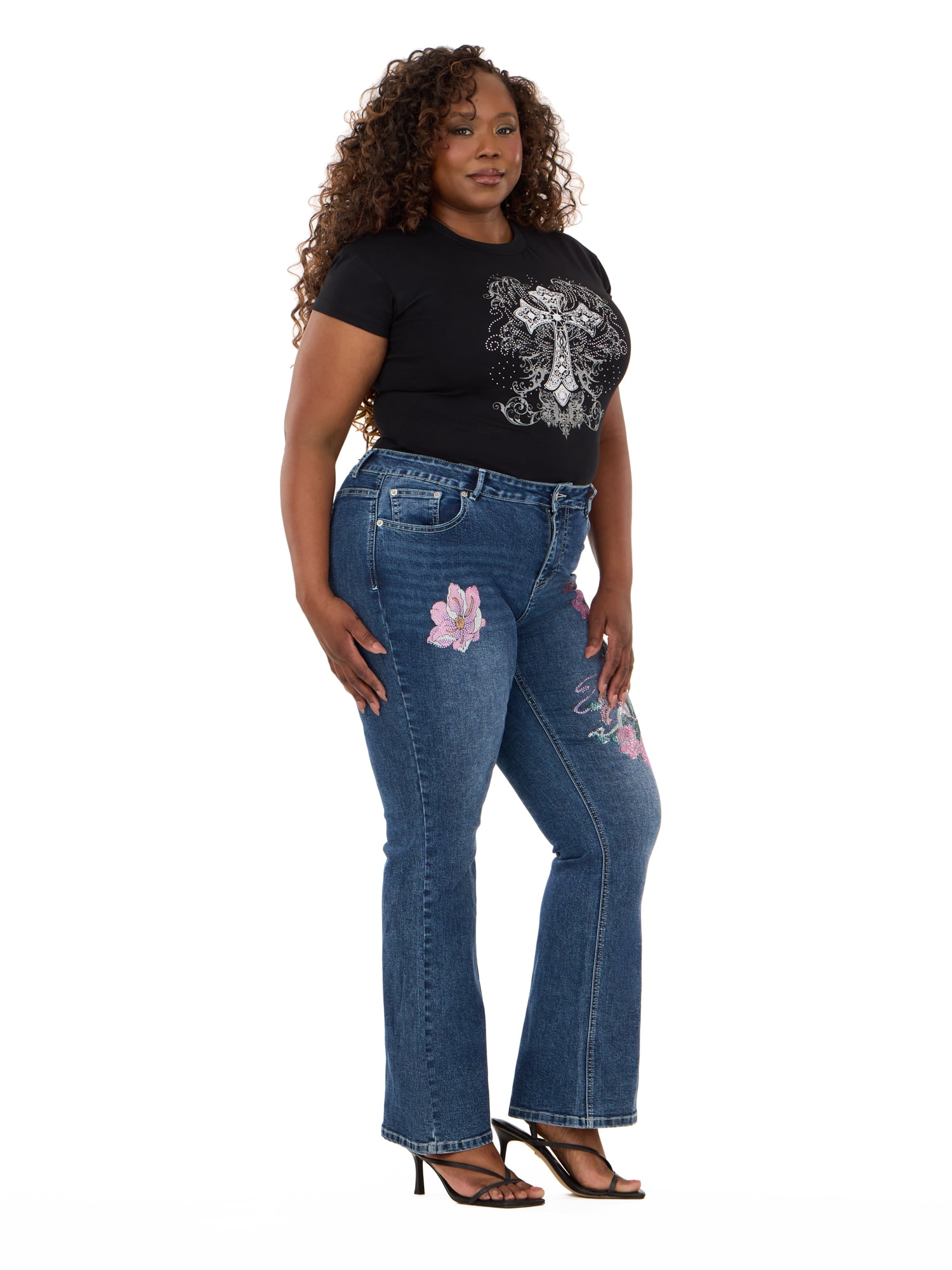 Forever 21 Women's and Women's Plus Mid Rise Bootcut Denim Pants with Rhinestone and Embroidered Back Pockets, Fitted Stretch Jeans, Vintage Wash Casual Style, Blue, 00-4X