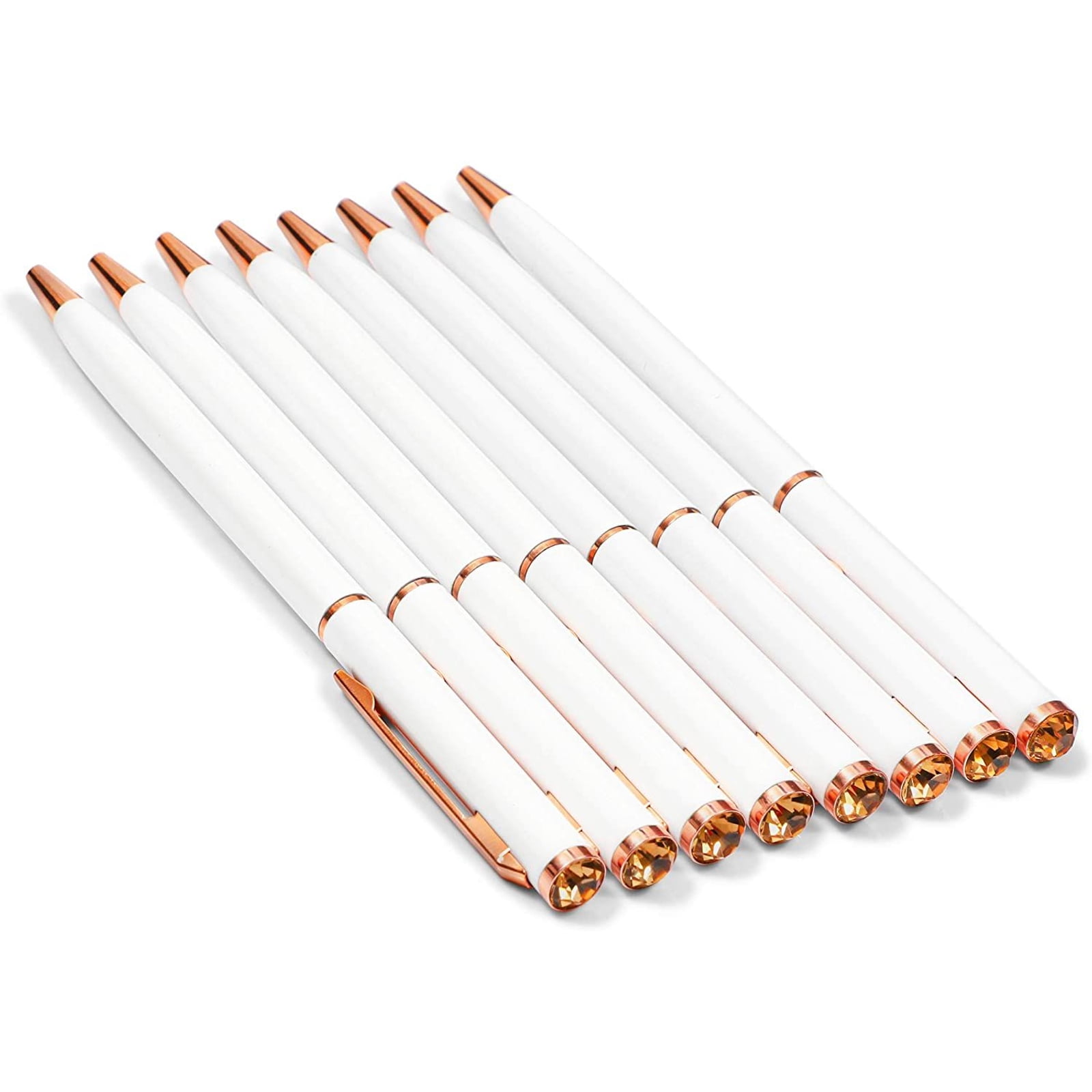 Elegance White & Rose Gold Pens 8 Pieces Ballpoint Pen Set with Rhinestone Top for Gifts
