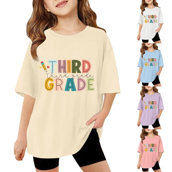 LRen Kids Shirts Girls 10-12,Back To School Clothes for Girls Funny Graphic Summer Casual School Uniform Preppy Tees Short Sleeve Basic Tee