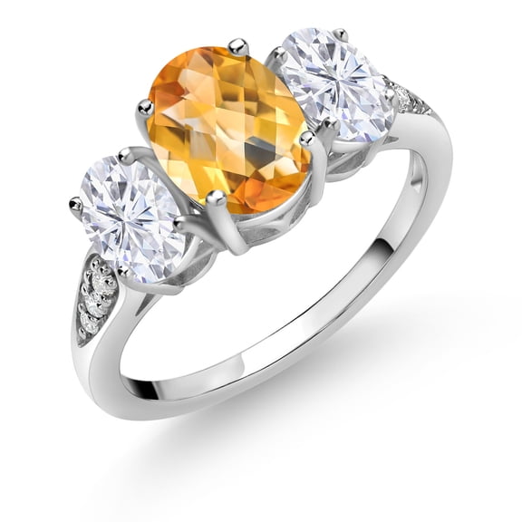 Gem Stone King 10K White Gold Yellow Citrine White Moissanite and White Lab Grown Diamond 3 Stone Engagement Ring for Women (2.29 Cttw, Gemstone Birthstone, Available in Size 5, 6, 7, 8, 9)