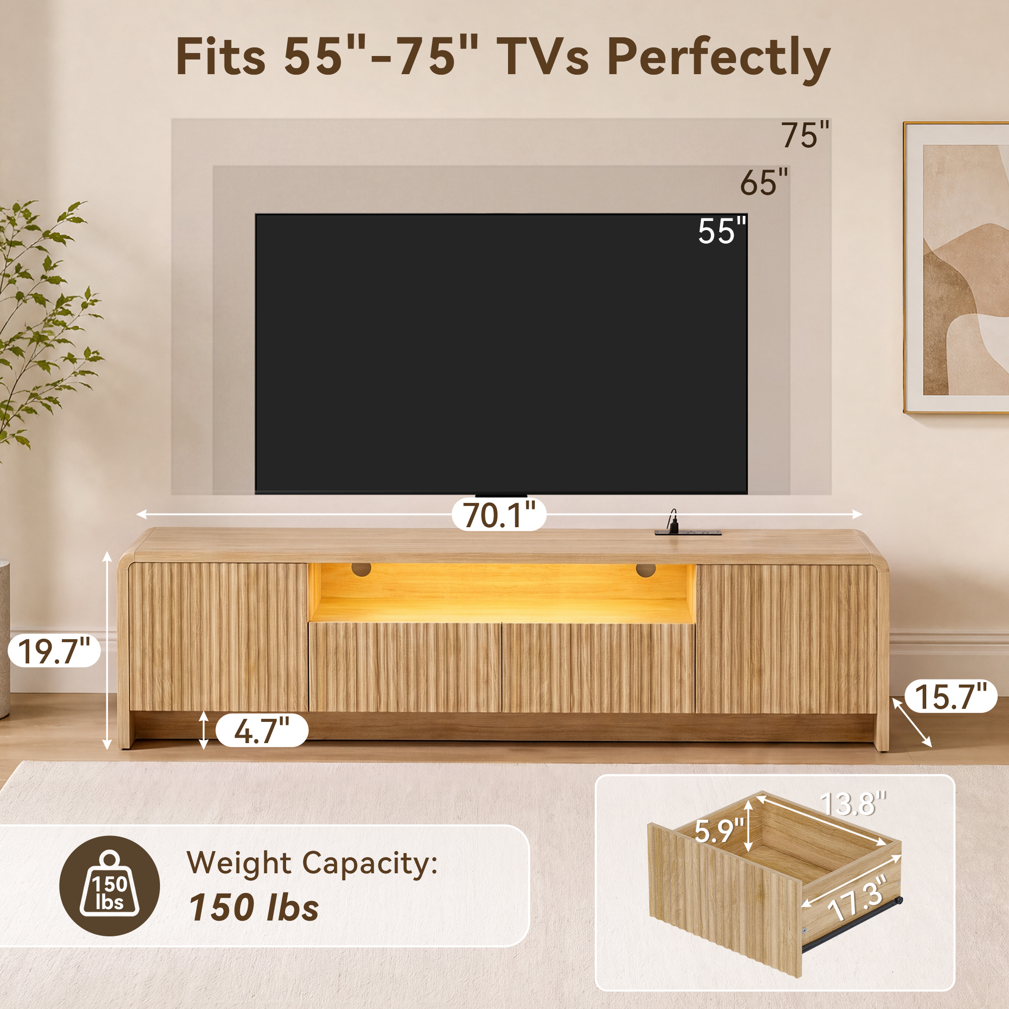 Lacoo 70 Inch Fluted TV Stand for 55-75 Inch TVs, Entertainment Center with Charging Station and RGB LED Lights, Media Console with 2 Drawers and Storage Cabinets for Living Room, Natural