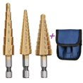 thumbnail image 1 of Brocas escalonadas de 3 piezas, HSS imperial, con revestimiento de titanio, ranuradas, con vástago hexagonal y bolsa de tela, sistema británico., 1 of 13