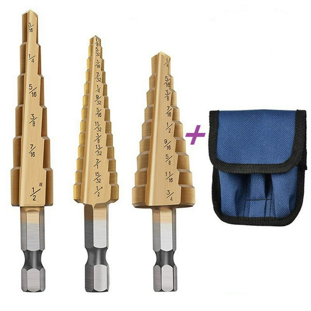 Brocas escalonadas de 3 piezas, HSS imperial, con revestimiento de titanio, ranuradas, con vástago hexagonal y bolsa de tela, sistema británico.