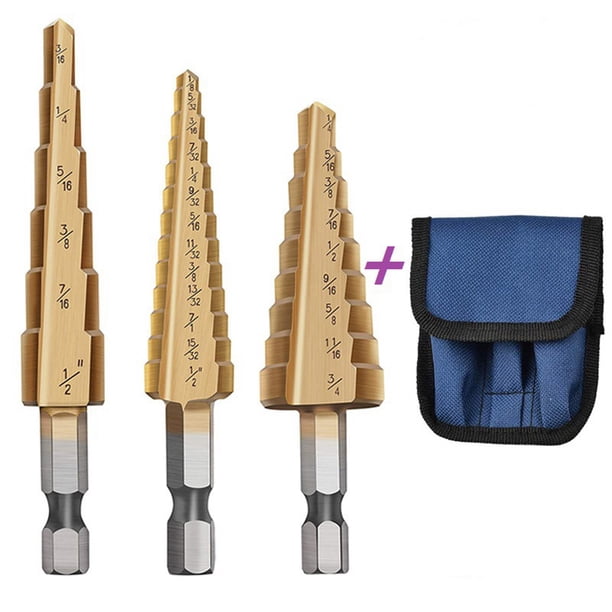 Brocas escalonadas de 3 piezas, HSS imperial, con revestimiento de titanio, ranuradas, con vástago hexagonal y bolsa de tela, sistema británico.