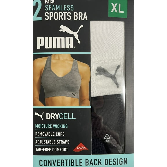 PUMA Womens Removable Cups Racerback Sports Bra 2 Pack, X-Large Black/White