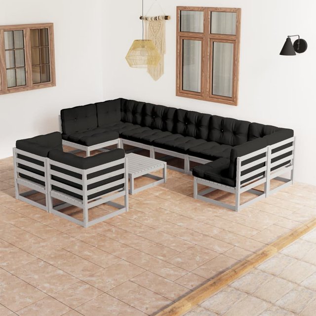 vidaXL Ensemble de Salon de Jardin 10 Pcs avec Coussins Gris Bois Massif Pin
