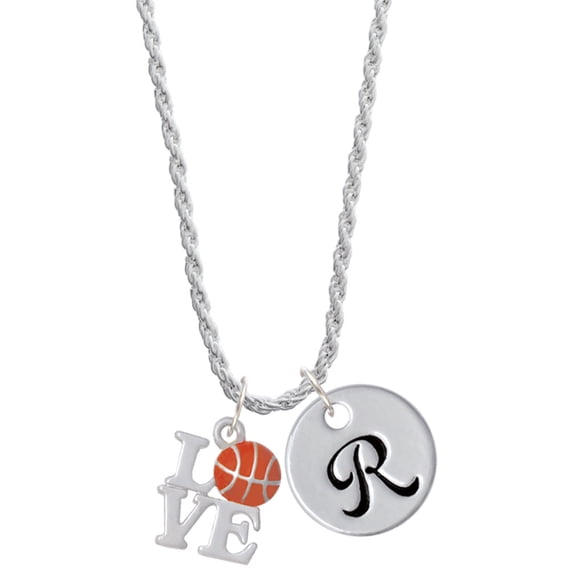 Delight Jewelry Love with Basketball Silvertone Script Initial Disc - R - Charm Necklace, 20"+3"