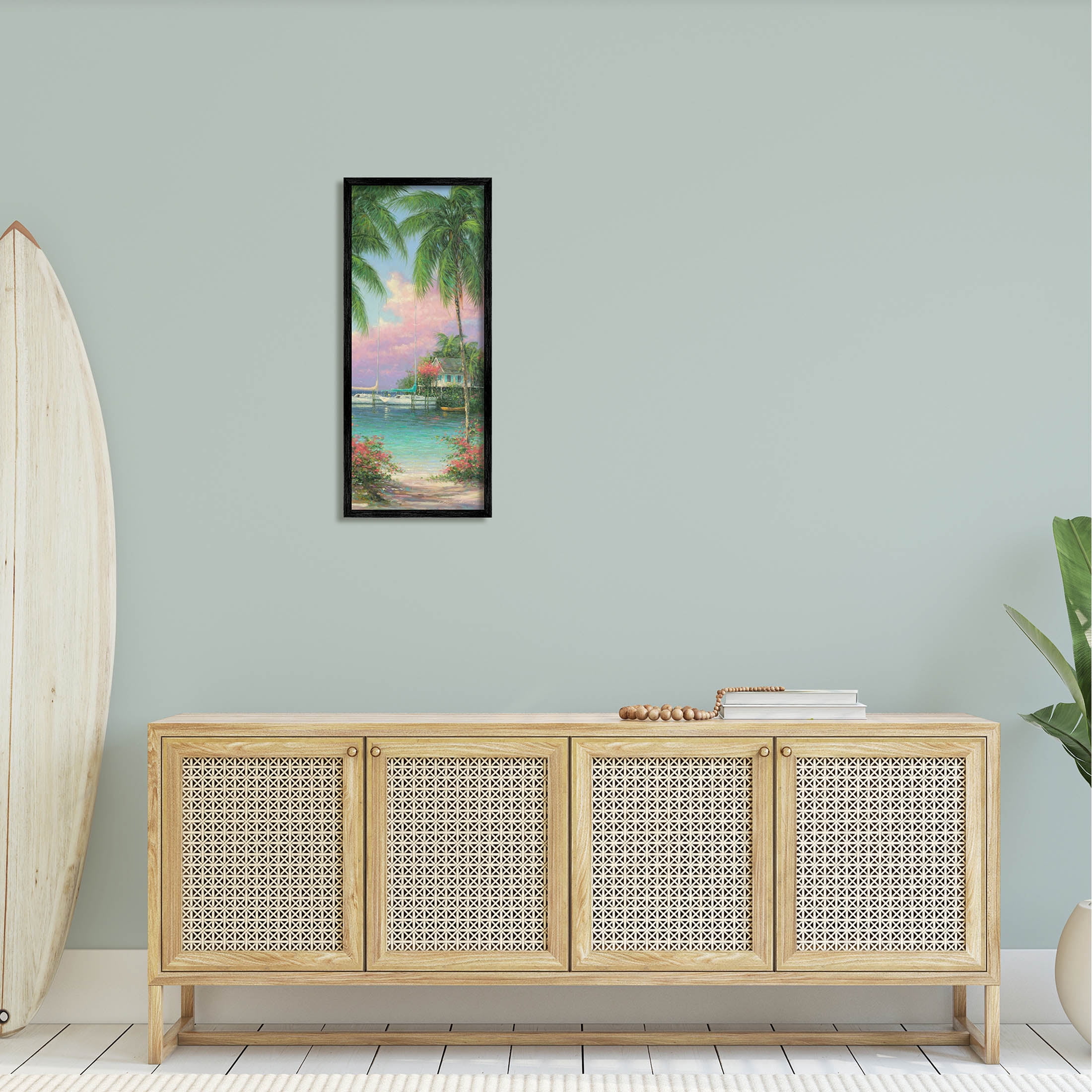 Tropical Beach Palms Docked Boats Coastal Painting Black Framed Art Print Wall Art