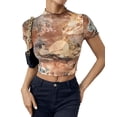 thumbnail image 2 of Women'S Print Mesh Short Sleeve Crop Top Mock Neck Slim T-Shirt Lettuce Trim Sheer Going Out Tops Amber XL, 2 of 9