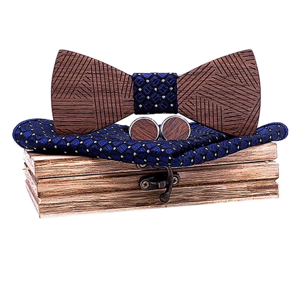 Mens Wooden Bow Tie with Box Adjustable Bowtie Handkerchiefs Cufflinks Set
