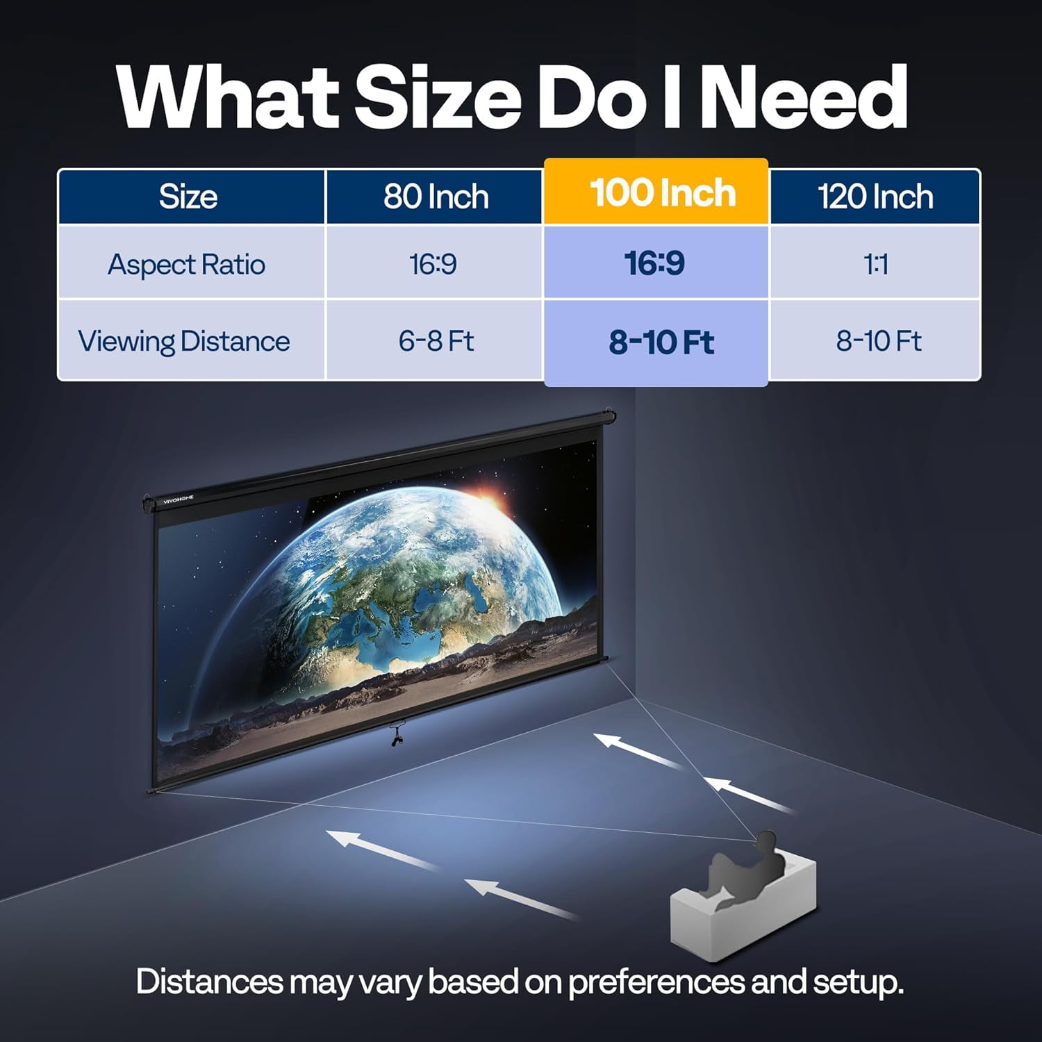 SPECSTAR 100 inch Manual Pull Down Projector Screen, 16:9 HD Retractable Projector Screens for Movie Home Theater Cinema Office Video Game, Black