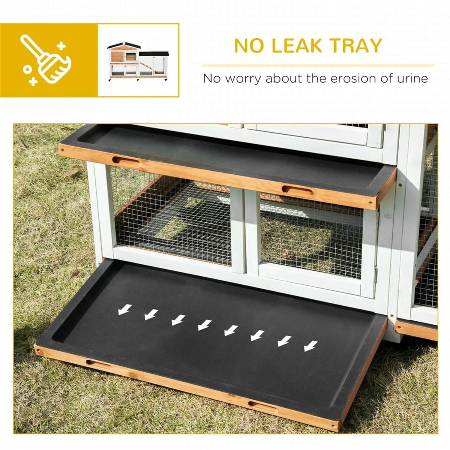 Kadyn 62" 2-tier Wooden Rabbit Hutch with Wheels and Slide-out Tray, Outdoor Small Animal Habitat Chicken Coop Bunny Cage for Bunnies, Guinea Pigs, Orange
