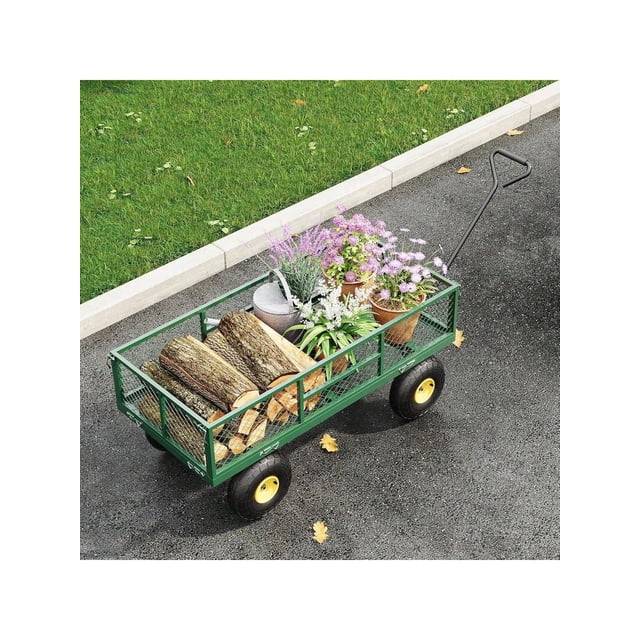 Qinaqin 900-Lbs cm de Alturaeavy- Profundidaduty Garden Carro con Removable Malla Sides Steel Utility Anchoagon Ajustable Alturaandles y 10-Inch Pneumatic Tires para Outdoor Lawn
