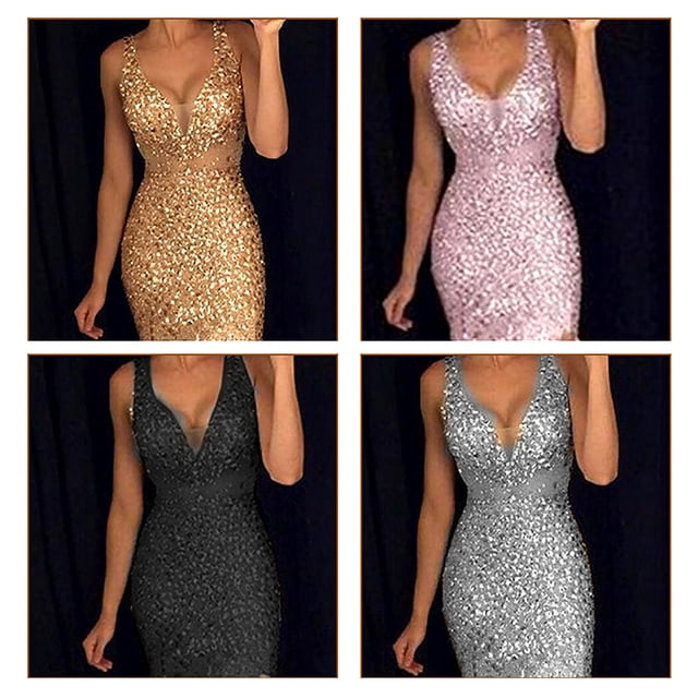 VONKY Robe de Soirée Tenue de Fête Vêtements de Fête V Cou Cocktail Sans Manches Robes de Bal de Dame Or XXXL