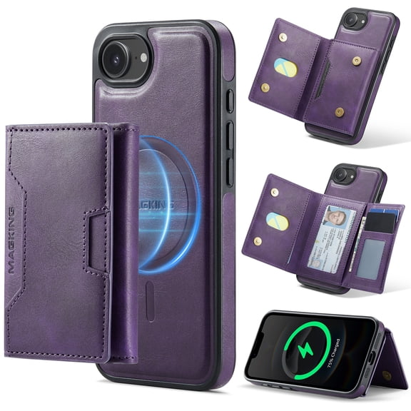 For iPhone 16e/17e Case Compatible with MagSafe, Removable 2 in1 PU Leather Wallet Case with RFID Blocking Card Holder Kickstand Foldable Folio Magnetic Protective Phone Cover,Purple